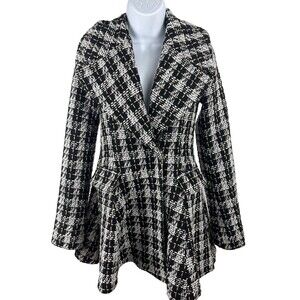 Korean K-Daba Tweed Plaid Patterned V-neck 2 Button Peplum Sz 6 Jacket